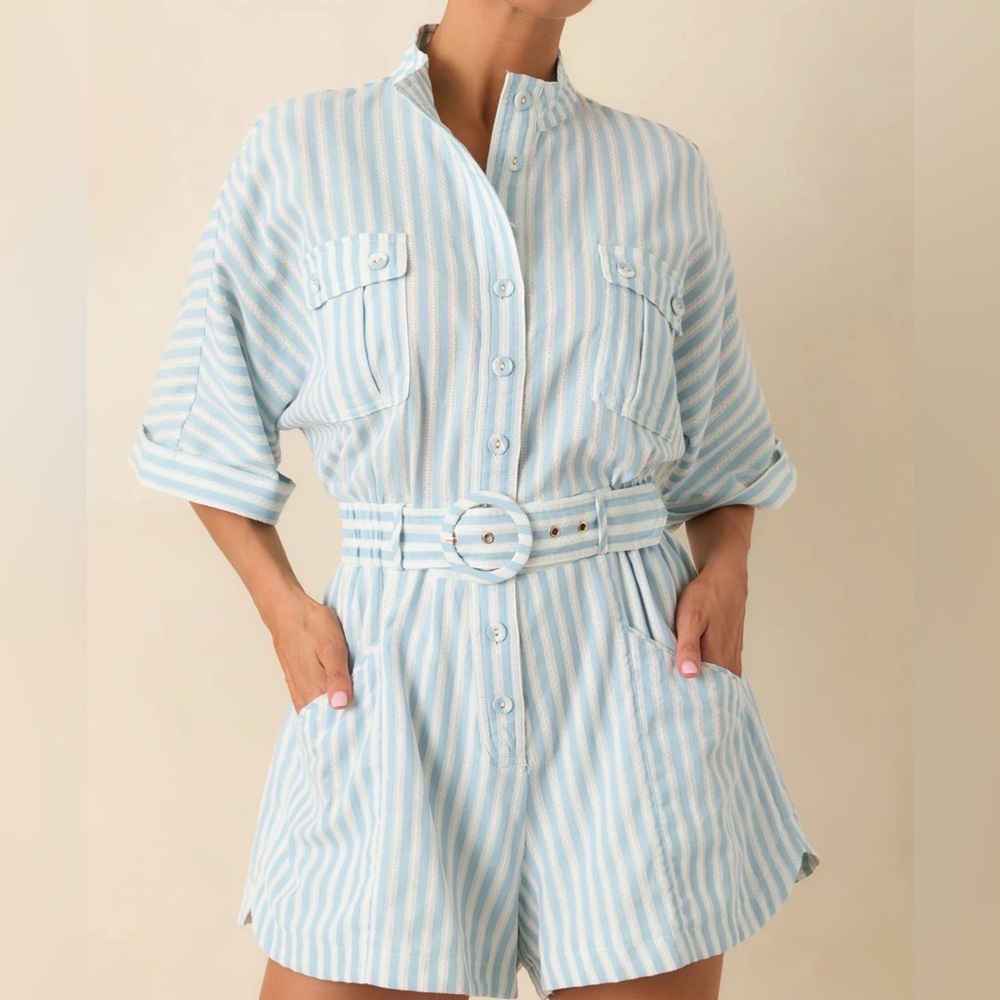🆕 Aqua Blue/White Stripe Belted Romper - L - Picture 9 of 11